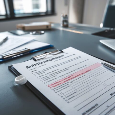 Medizinischer Aufklärungsbogen für Dupuytren-OP auf einem Schreibtisch, mit Hinweis auf Risiken wie Nervenverletzungen.