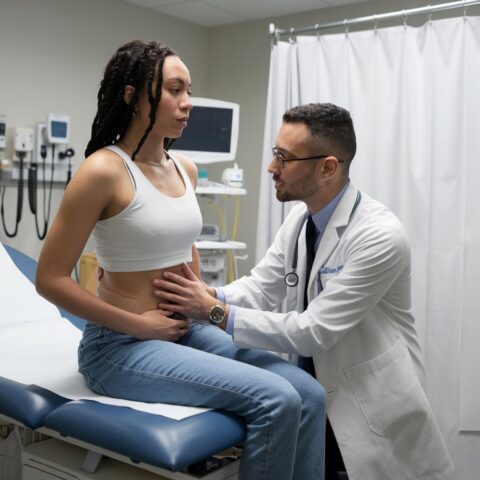 Arzt untersucht Bauch nach Operation