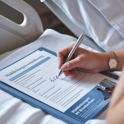 Hand hält Stift über Unterschriftenlinie der Wahlleistungsvereinbarung im Krankenhaus.