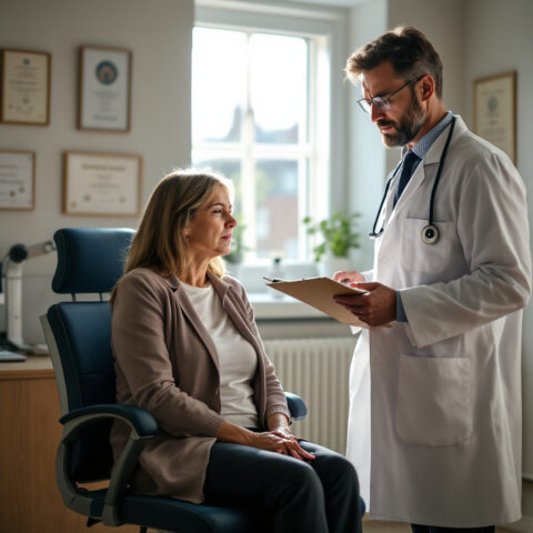 Ärztliche Untersuchung in deutscher Praxis, Patientin zeigt Unbehagen, Arzt prüft Notizen am Tisch.