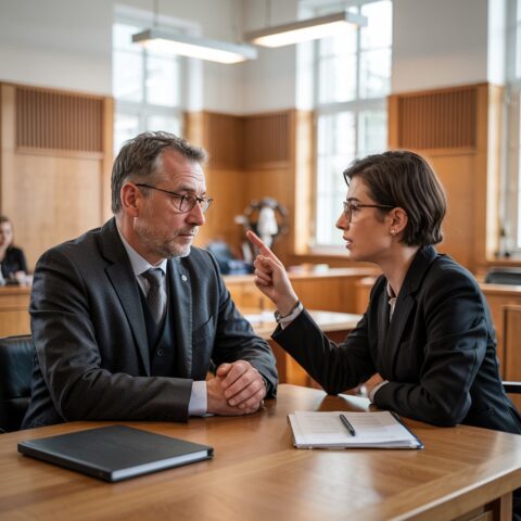 Gerichtssaal: Angespannter Blickkontakt Gutachter-Anwalt. Thema: Neutralität, Sachverständigenverfahren.